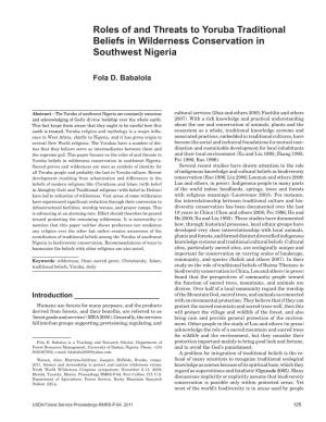 Roles of and Threats to Yoruba Traditional Beliefs in Wilderness Conservation in Southwest Nigeria