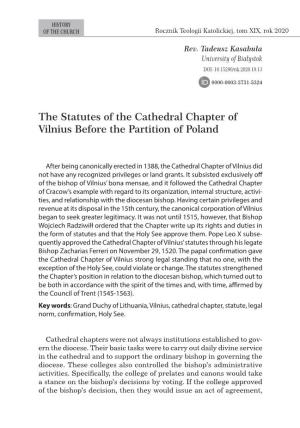 The Statutes of the Cathedral Chapter of Vilnius Before the Partition of Poland