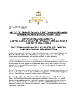 Nfl to Celebrate Schools and Communities with Super Bowl High School Honor Roll
