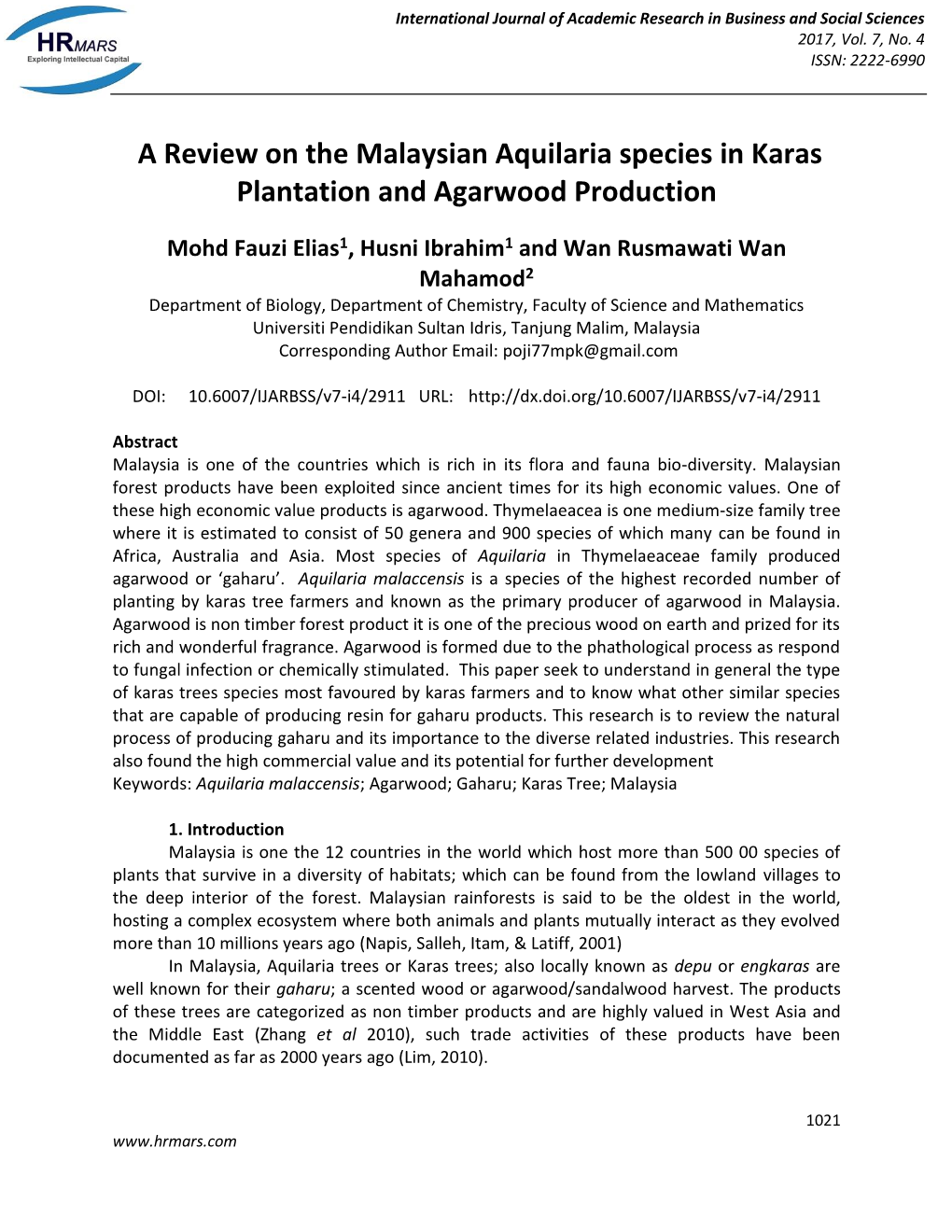 A Review on the Malaysian Aquilaria Species in Karas Plantation and Agarwood Production