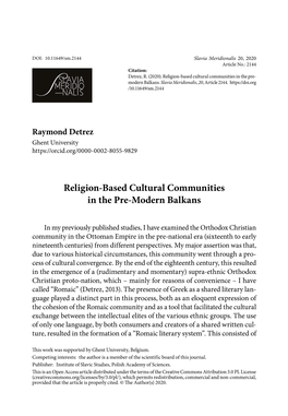 Religion-Based Cultural Communities in the Pre-Modern Balkans