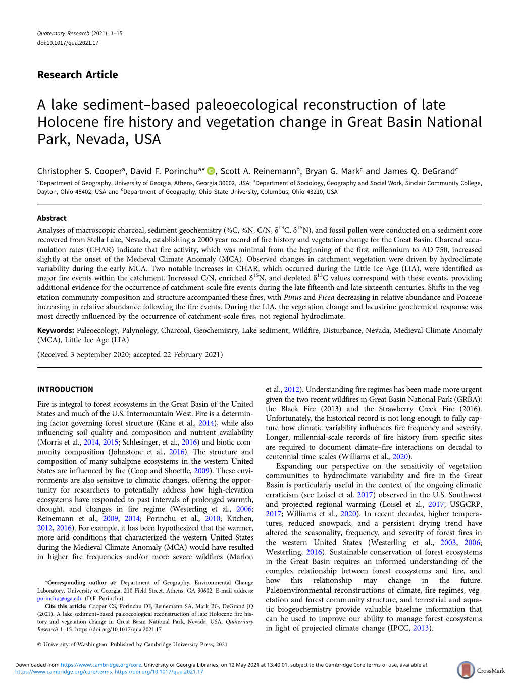 A Lake Sediment–Based Paleoecological Reconstruction of Late Holocene Fire History and Vegetation Change in Great Basin National Park, Nevada, USA