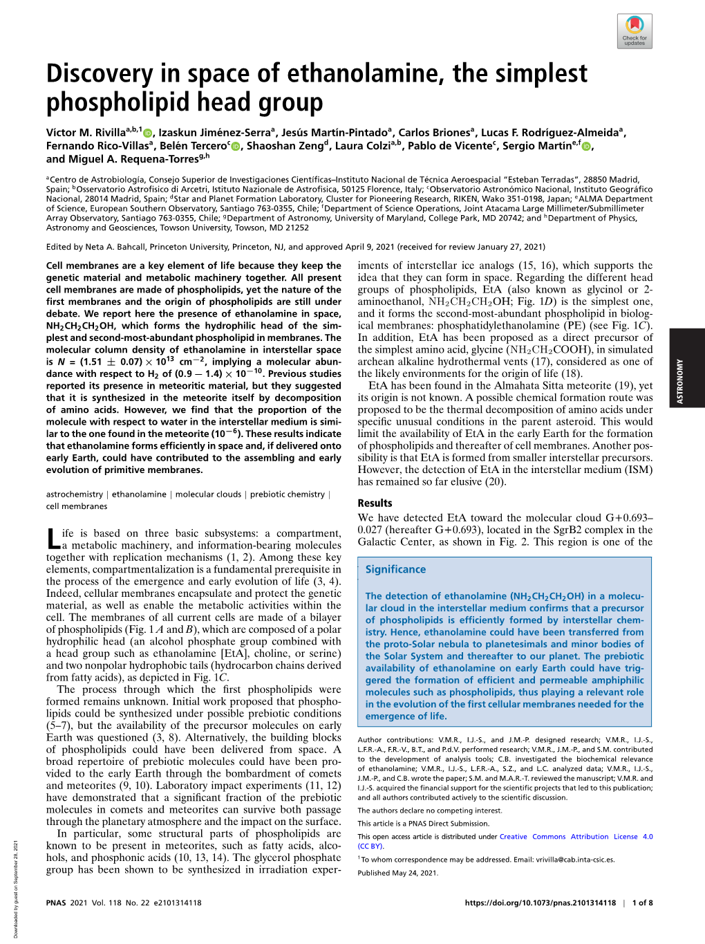 Discovery in Space of Ethanolamine, the Simplest Phospholipid Head Group