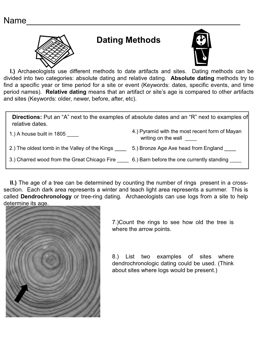 Dating Methods Worksheet