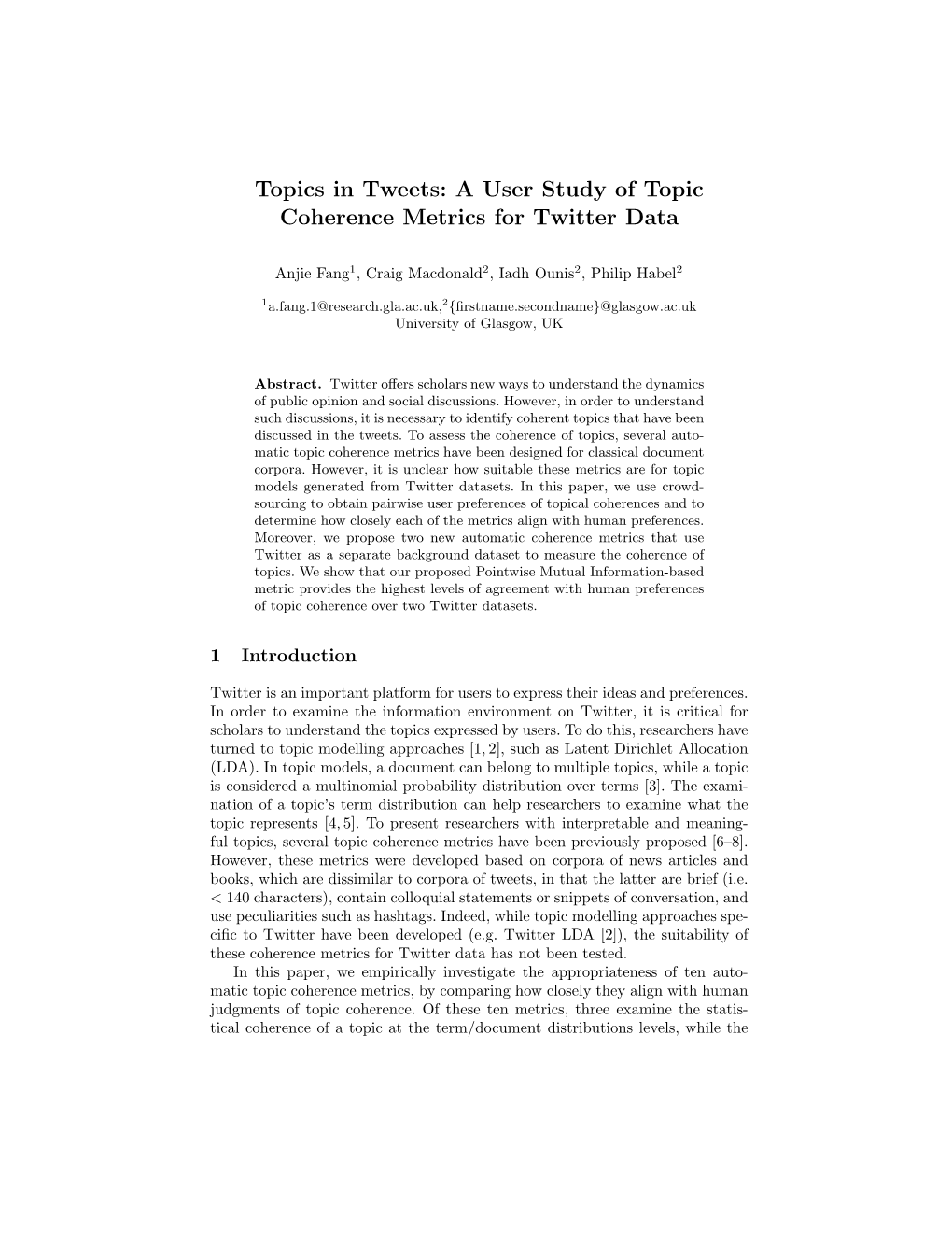 Topics in Tweets: a User Study of Topic Coherence Metrics for Twitter Data