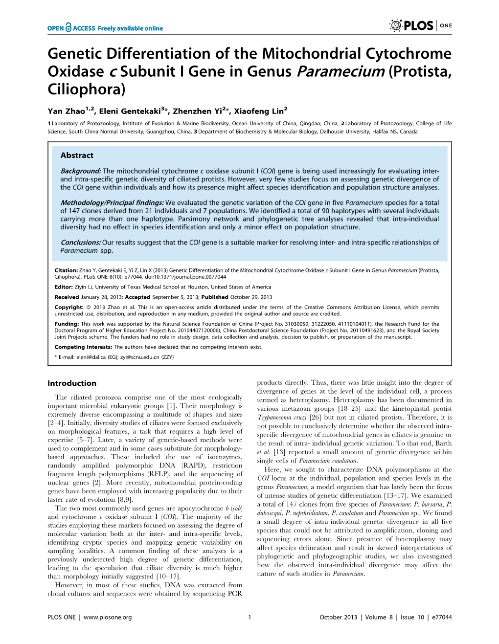 Genetic Differentiation of the Mitochondrial Cytochrome Oxidase C Subunit I Gene in Genus Paramecium (Protista, Ciliophora)