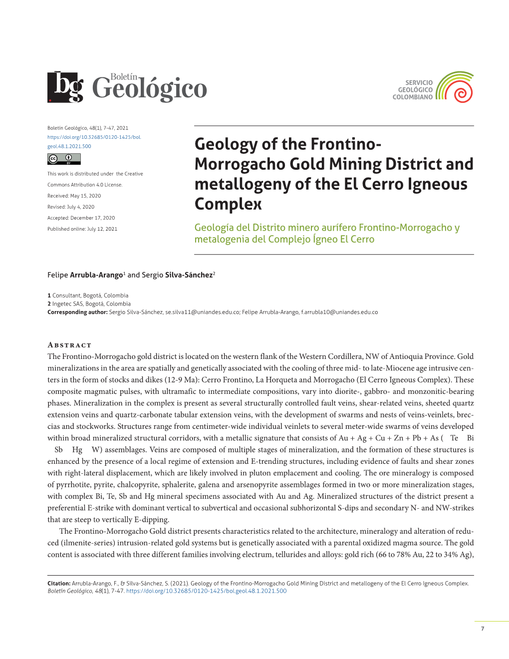 Geology of the Frontino- Morrogacho Gold Mining District and This Work Is Distributed Under the Creative Commons Attribution 4.0 License