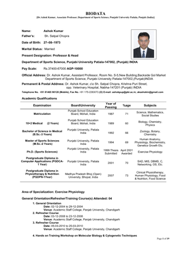 BIODATA [Dr.Ashok Kumar, Associate Professor, Department of Sports Science, Punjabi University Patiala, Punjab (India)]