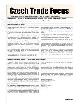 Czech Trade Focus GOOD NEWS from the CZECH COMMERCIAL OFFICES in the USA / FEBRUARY 2003