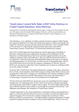 Transcentury Limited Sells Stake in Rift Valley Railways to Citadel