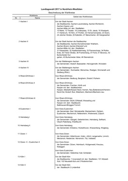 Landtagswahl 2017 in Nordrhein-Westfalen Beschreibung Der Wahlkreise Wahlkreis Gebiet Des Wahlkreises Nr