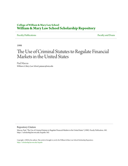 The Use of Criminal Statutes to Regulate Financial Markets in the United States