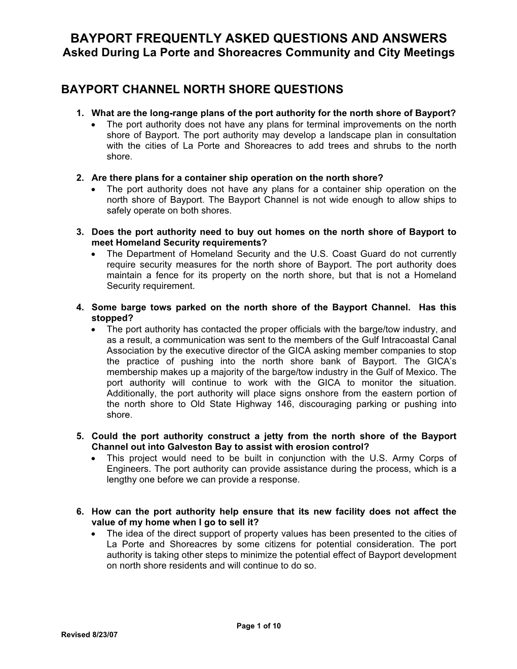 BAYPORT FREQUENTLY ASKED QUESTIONS and ANSWERS Asked During La Porte and Shoreacres Community and City Meetings