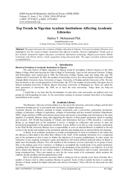 Top Trends in Nigerian Acadmic Institutions Affecting Academic Libraries