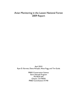 Avian Monitoring in the Lassen National Forest 2009 Report