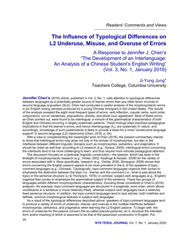 The Influence of Typological Differences on L2 Underuse, Misuse, and Overuse of Errors a Response to Jennifer J