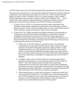 COVID-19 Side Letter to the 2019-2022 Integrated Media Agreement for the 2020-2021 Season This Agreement Is Entered Into on a No