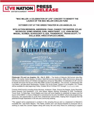 "Mac Miller: a Celebration of Life" Concert to Benefit the Launch of the Mac Miller Circles Fund