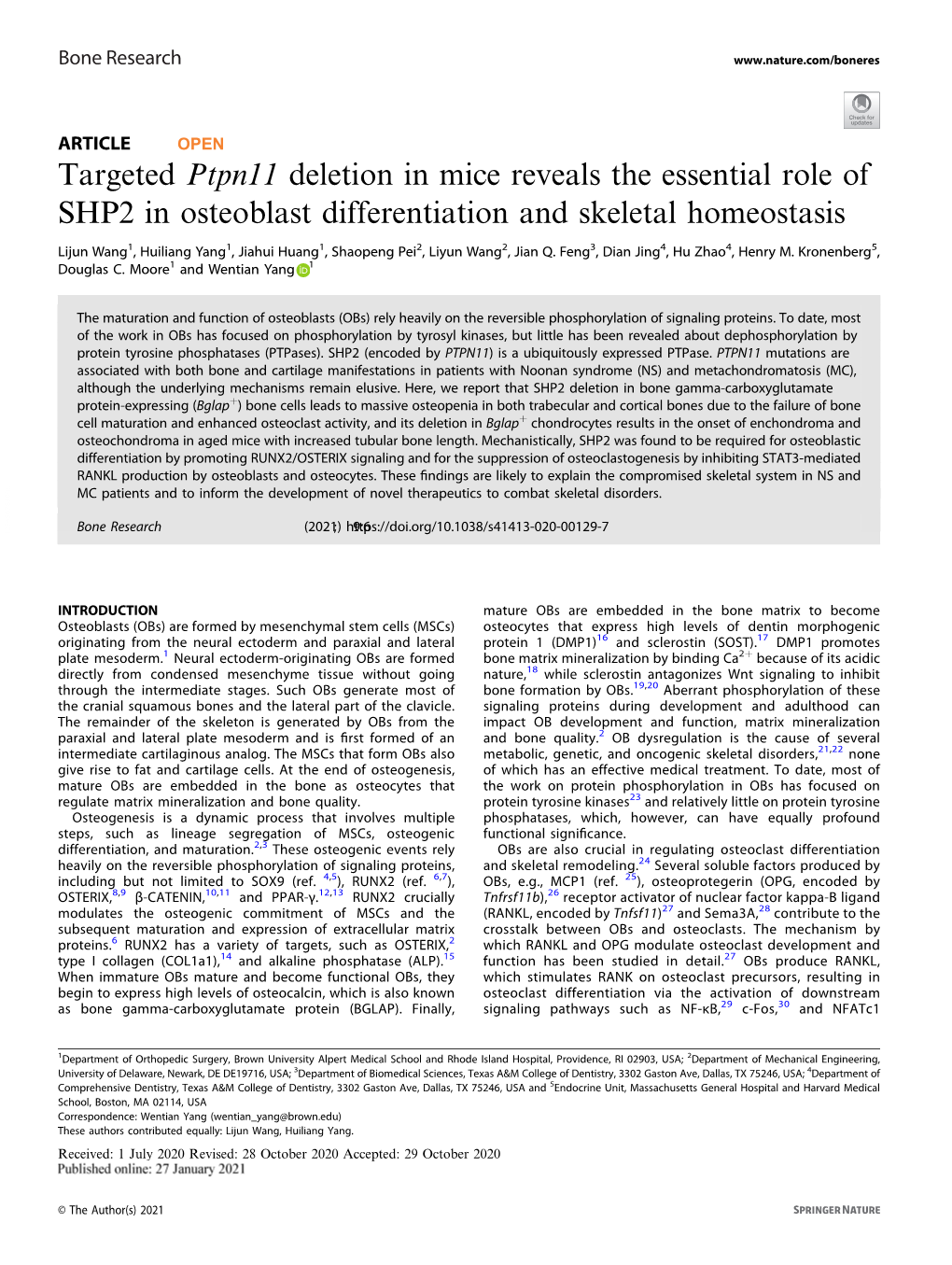 Targeted Ptpn11 Deletion in Mice Reveals the Essential Role of SHP2 in Osteoblast Differentiation and Skeletal Homeostasis