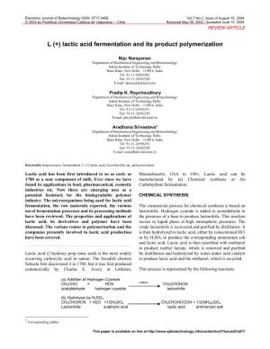 L (+) Lactic Acid Fermentation and Its Product Polymerization