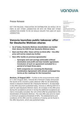 Vonovia Launches Public Takeover Offer for Deutsche Wohnen Shares