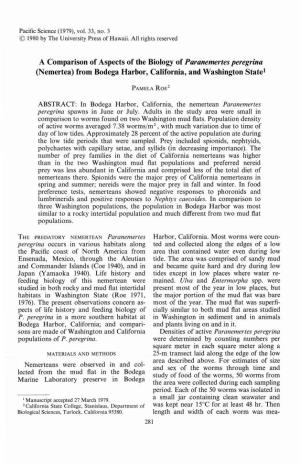 A Comparison of Aspects of the Biology of Paranemertes Peregrina (Nemertea) from Bodega Harbor, California, and Washington Statel