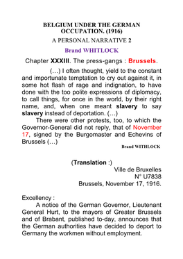 BELGIUM UNDER the GERMAN OCCUPATION. (1916) a PERSONAL NARRATIVE 2 Brand WHITLOCK Chapter XXXIII