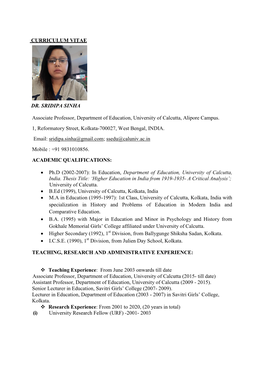 CURRICULUM VITAE DR. SRIDIPA SINHA Associate Professor