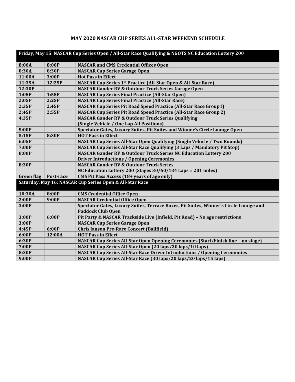 May 2020 Nascar Cup Series All-Star Weekend Schedule