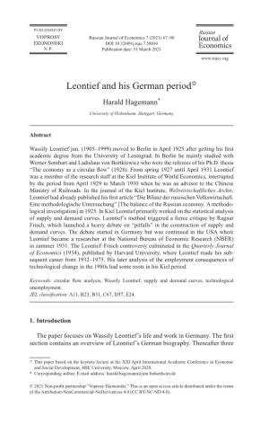Leontief and His German Period✩ Harald Hagemann*
