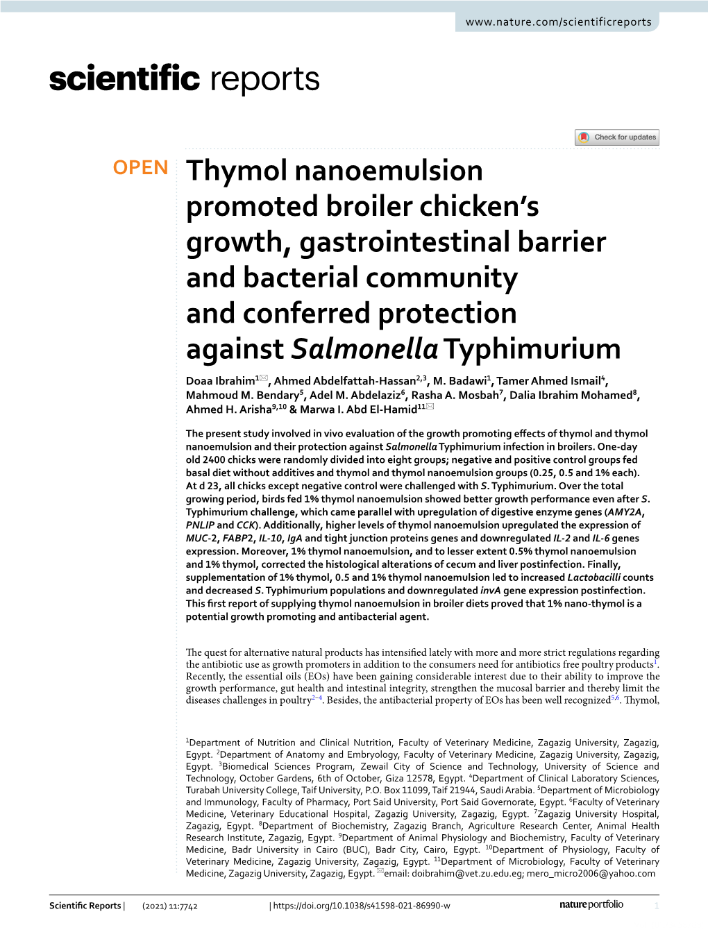 Thymol Nanoemulsion Promoted Broiler Chicken's Growth