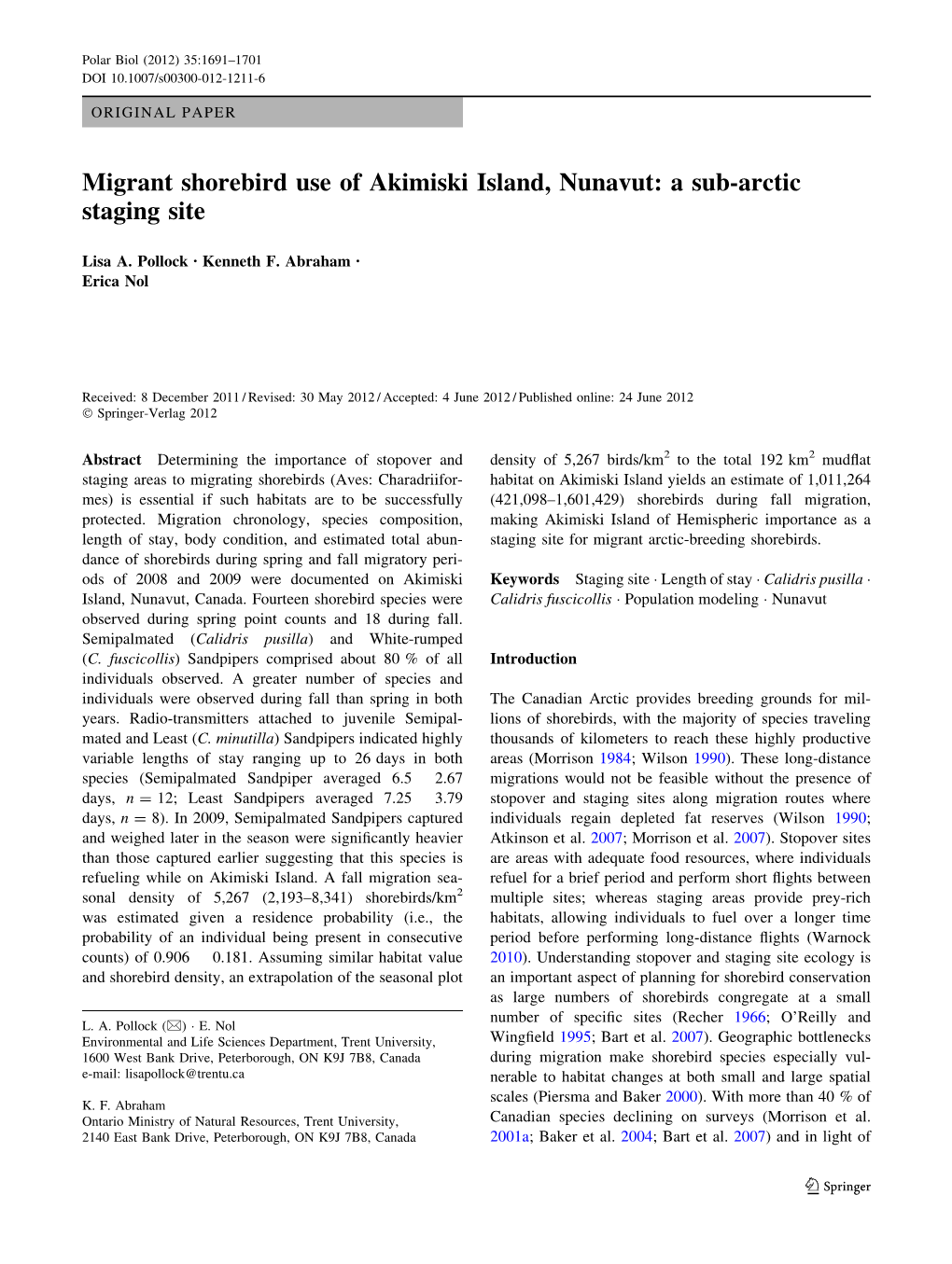 Migrant Shorebird Use of Akimiski Island, Nunavut: a Sub-Arctic Staging Site