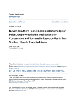 Southern Paiute) Ecological Knowledge of Piñon-Juniper Woodlands: Implications for Conservation and Sustainable Resource Use in Two Southern Nevada Protected Areas