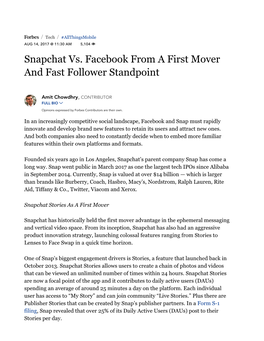 Snapchat Vs. Facebook from a First Mover and Fast Follower Standpoint