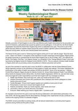 Weekly Epidemiological Report Week 15: 12Th – 18Th April 2021 Highlight of the Week Nigeria Commemorates World Hand Hygiene Day