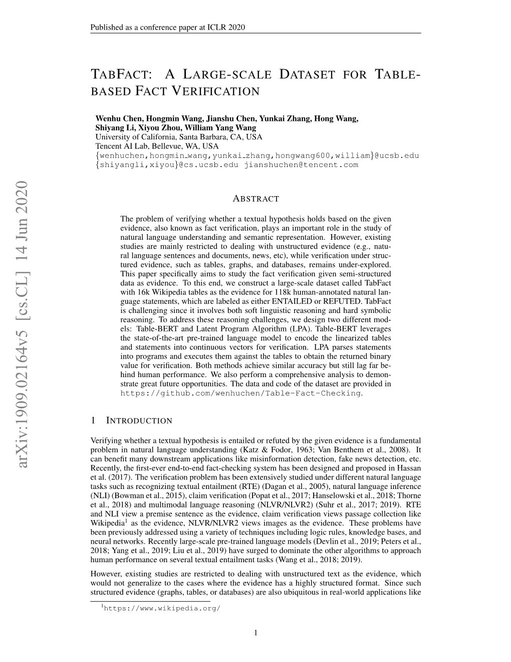 Tabfact: a Large-Scale Dataset for Table-Based Fact Verification