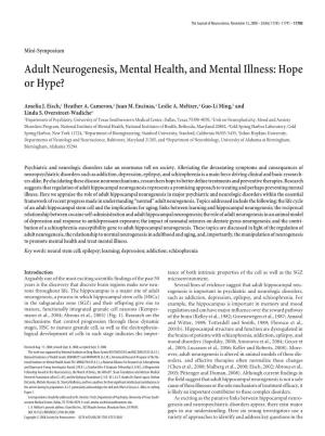Adult Neurogenesis, Mental Health, and Mental Illness: Hope Or Hype?