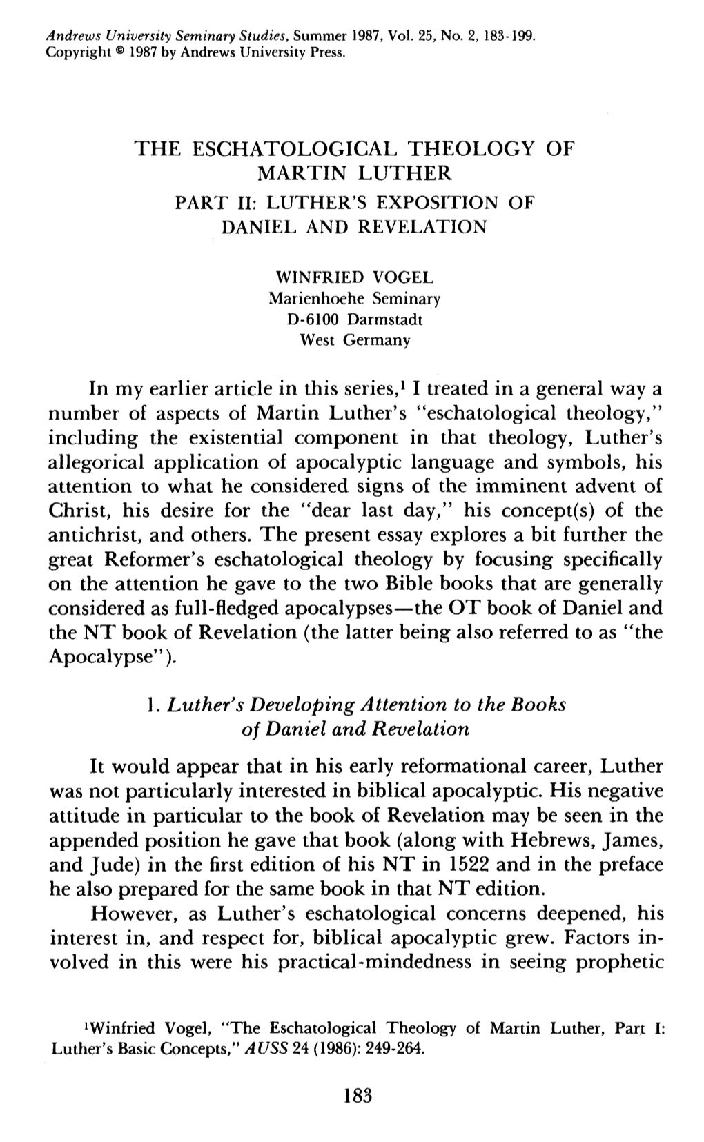 The Eschatological Theology of Martin Luther Part 11: Luther's Exposition of Daniel and Revelation