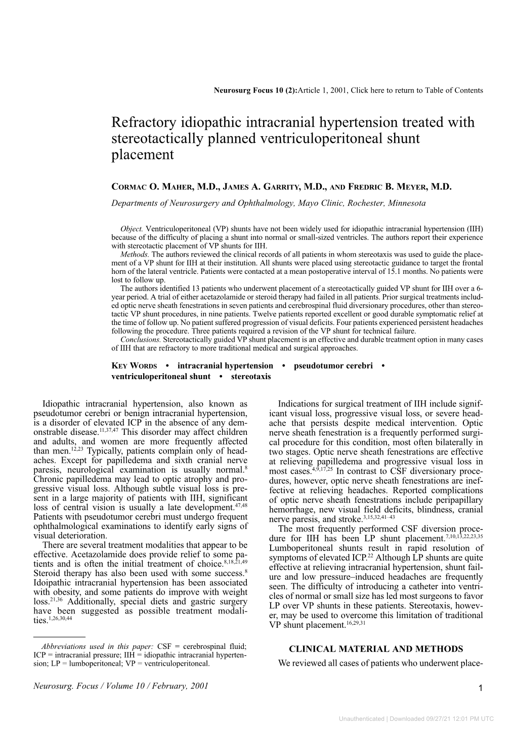 Refractory Idiopathic Intracranial Hypertension Treated with Stereotactically Planned Ventriculoperitoneal Shunt Placement