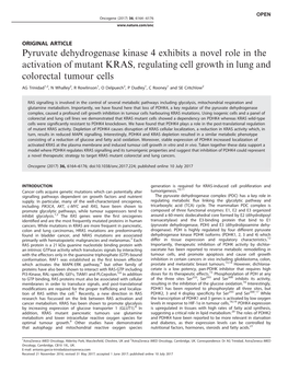 Pyruvate Dehydrogenase Kinase 4 Exhibits a Novel Role in the Activation of Mutant KRAS, Regulating Cell Growth in Lung and Colorectal Tumour Cells