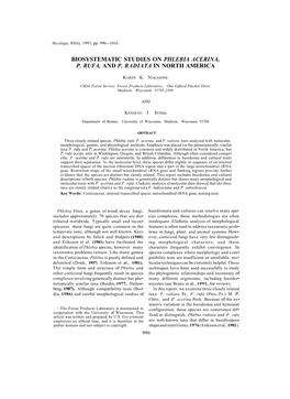 Biosystematic Studies on Phlebia Acerina, P. Rufa, and P. Radiata in North America