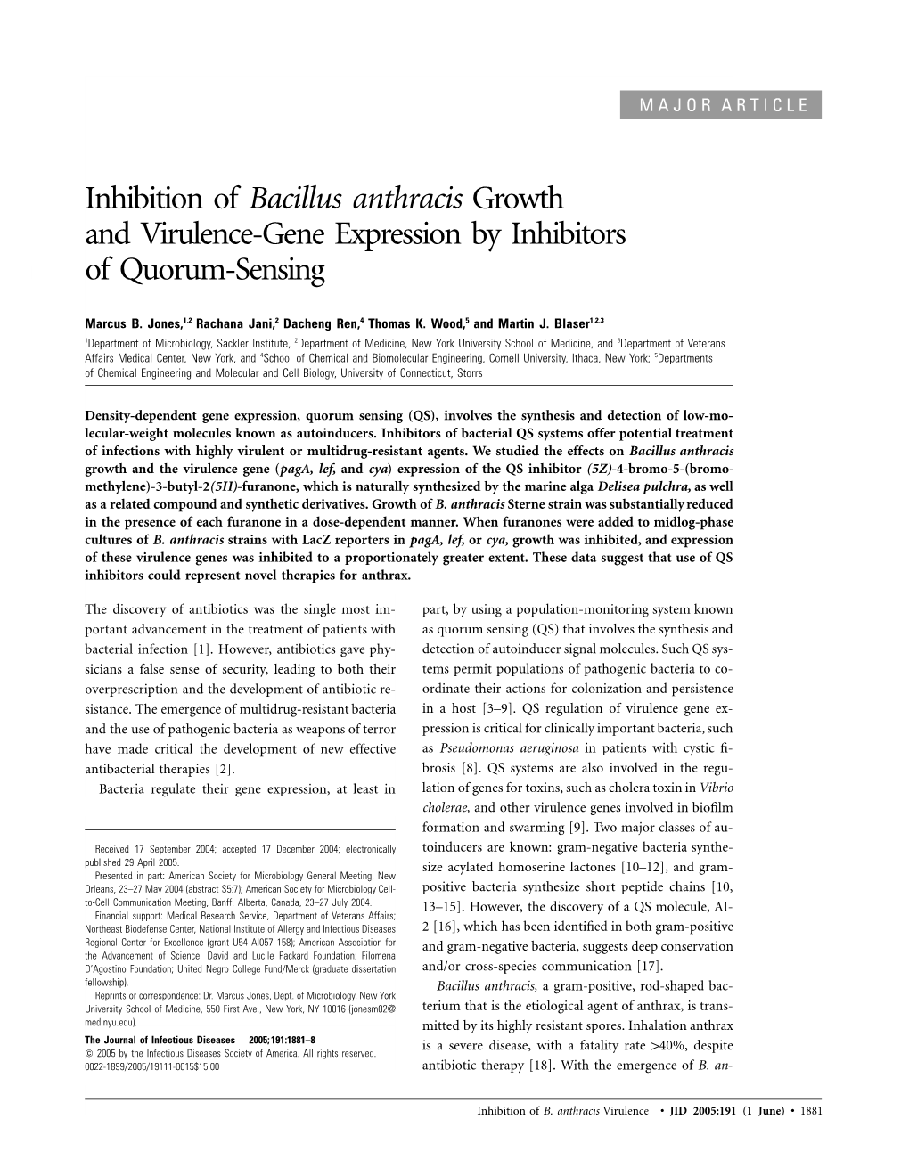 Bacillus Anthracis Growth and Virulence-Gene Expression by Inhibitors of Quorum-Sensing