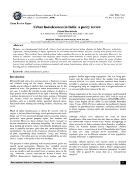 Urban Homelessness in India: a Policy Review Zainab Khorakiwala B.A