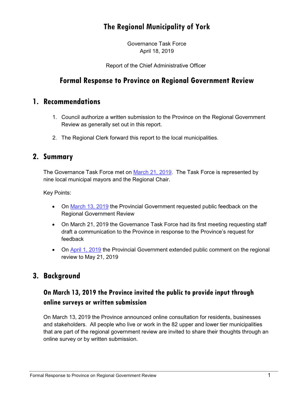 Formal Response to Province on Regional Government Review 1 the Guidelines for a Written Submission Are