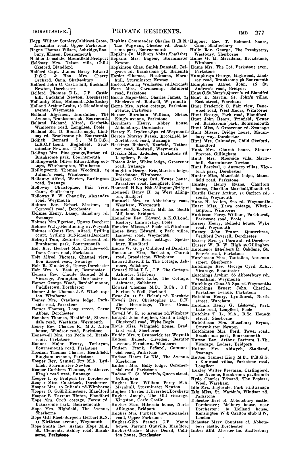 PRIVAT~ RESIDENTS. IMB 277 Hogg William Stanley,Caldioott Cross, Hopkins Commander Charles H.,R.N