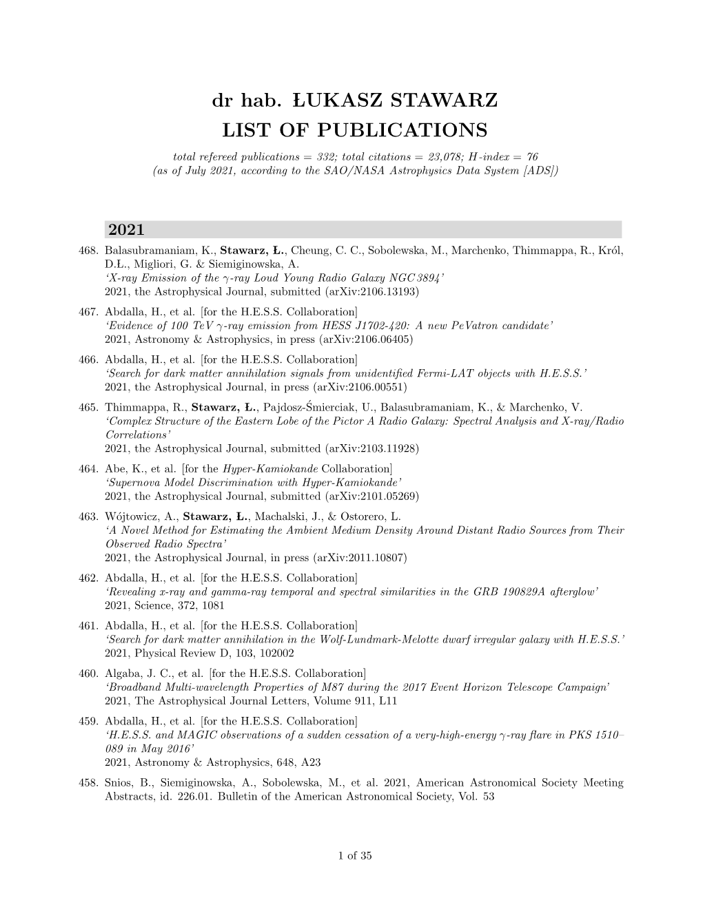 Dr Hab. LUKASZ STAWARZ LIST of PUBLICATIONS