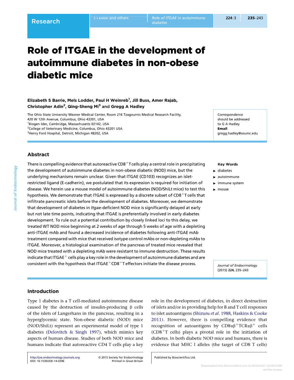 Role of ITGAE in the Development of Autoimmune Diabetes in Non-Obese Diabetic Mice