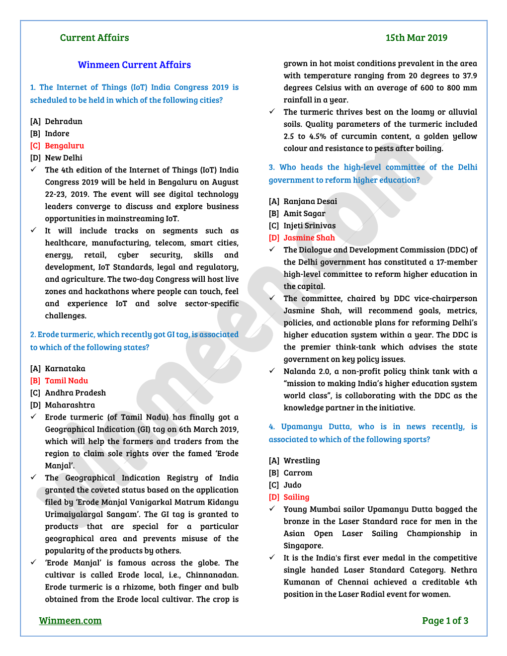 Current Affairs 15Th Mar 2019 Winmeen.Com Page 1 of 3