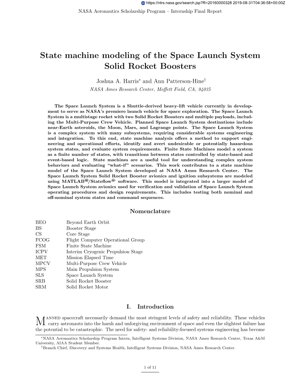 State Machine Modeling of the Space Launch System Solid Rocket Boosters