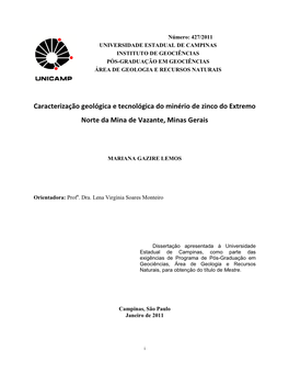 Caracterização Geológica E Tecnológica Do Minério De Zinco Do Extremo Norte Da Mina De Vazante, Minas Gerais